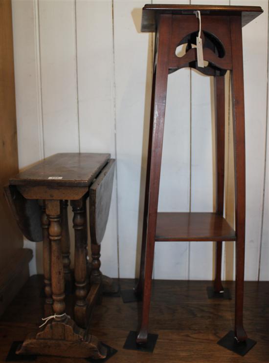 Oak drop-leaf small table and a mahogany plant stand